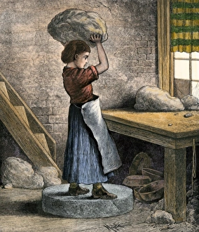 Company Prints: Girl throwing clay to drive out air in a pottery factory