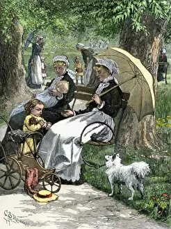 Governesses with children in a park, 1800s