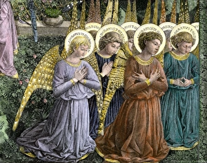 Roman Catholic Prints: Group of angels. Hand-colored engraving of a detail of a fresco by Benozzo Gozzoli