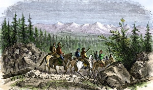 Rockies Prints: Group of pioneer horsemen getting their first glimpse of the Sierra Nevada