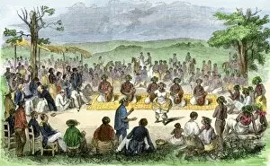 Pacific Gallery: Hawaiians dancing for visitors, 1850s