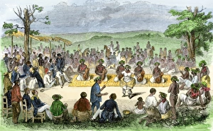 Hawaiian Gallery: Hawaiians dancing for visitors, 1850s