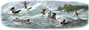 Pacific Ocean Gallery: Hawaiians surfing, 1870s