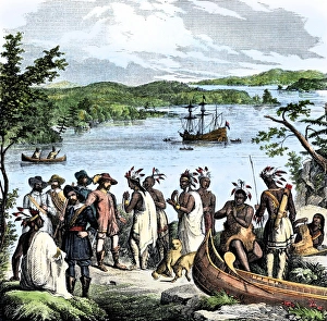 Henry Hudson meeting with Native Americans along the Hudson River