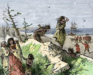 New Netherland Prints: Henry Hudsons attack on a Native American village on the Atlantic coast