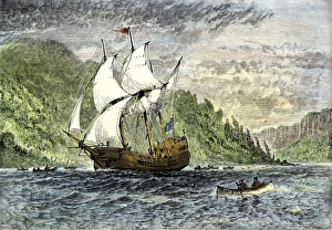 New Netherland Prints: Henry Hudsons ship Half-Moon ascending the Hudson River
