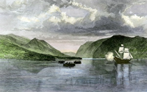 New Netherland Prints: Henry Hudsons ship Half Moon meets Native Americans in the Hudson