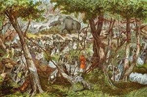 Africa History Prints: Henry Stanleys expedition dragging a boat around rapids on the Congo river in