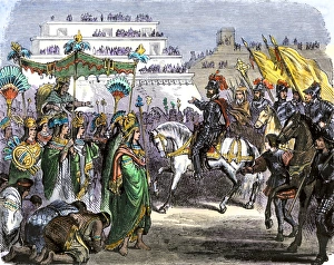 Latin America:Caribbean Prints: Hernando Cortes met by Toltec dignitaries on arriving in Teotihuacan with his