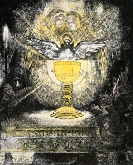 Christian Prints: The Holy Grail. Hand-colored etching from a series of illustrations for Wagners opera Parsifal