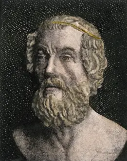 Ancient Greece Prints: Homer, the Greek poet. Hand-colored 19th-century halftone reproduction of a statue