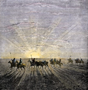 India And Asia Prints: Horse caravan crossing the Gobi Desert