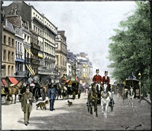 Urban Life Prints: Horse-drawn carriage traffic outside the shops in Piccadilly