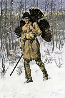 Sports:recreation Prints: Hunter in buckskin carrying a turkey home through the winter woods