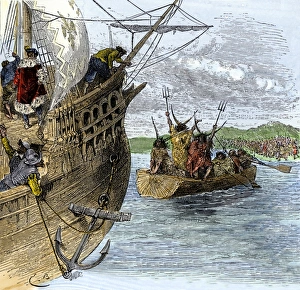 Huron chief Donnacona warns Cartiers expedition not to sail up the St Lawrence