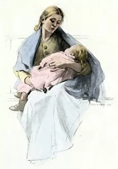 Immigrant mother and infant arriving in America