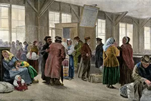 Arriving Gallery: Immigrant waiting-room at Ellis Island, circa 1900