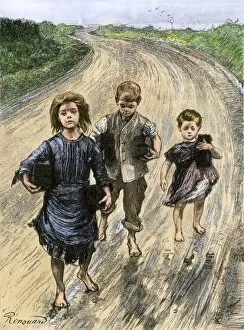 Irish children carrying peat to pay for school