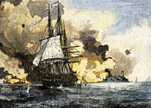 Naval Gallery: Ironclad Merrimac harrassing Unon shipping, Civil War