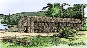 Iroquois longhouse. Hand-colored woodcut of a 19th-century illustration