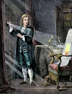 Isaac Newton using a prism to analyze the colors in a ray of light