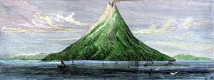 Sail Boat Prints: Island of Krakatoa before its destruction when its volcano erupted in 1883