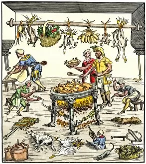 Poultry Gallery: Italian cooks preparing a meal, 1500s