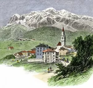 Italian village in the Dolomites, 1800s