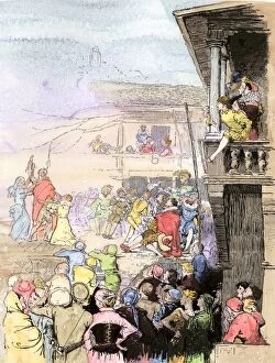 Theater Collection: Itinerant actors performing in an inn yard, Elizabethan England