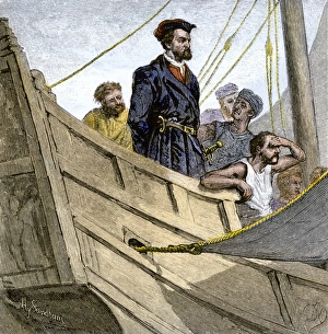 Jacques Cartier aboard ship arriving on the shore of Canada