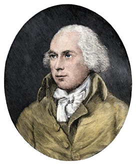Us President Prints: James Madison. Hand-colored woodcut of a portrait