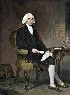 Us President Prints: James Madison, seated. Hand-colored engraving of a painting