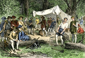 Jamestown Colony Collection: Jamestown colonist building homes
