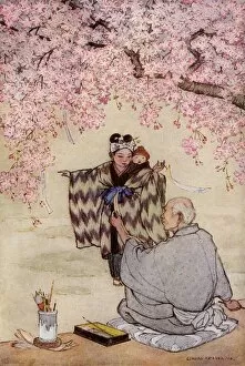 Japanese poet under a cherry tree