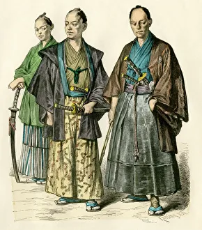 Japanese swordsmen. Antique hand-colored print