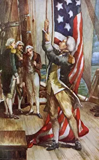 Battle Ship Prints: John Paul Jones raising the US flag on an American warship for the first time