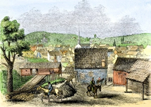 <b class=qtipBold><figcaption>Jonesboro, Tennessee, 1850s</figcaption></b><br>Town of Jonesboro, Tennessee, 1850s. Hand-colored woodcut of a 19th-century illustration<br><em>© North Wind Picture Archives</em> Jonesboro, Tennessee, 1850s