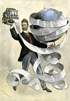 Joseph Pulitzer holding a press printing the New York World