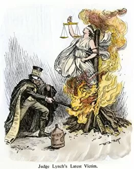 Death Collection: Judge Lynch burning justice, cartoon of 1901