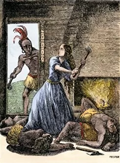 Log Cabin Gallery: Kentucky woman fighting off Native Americans, 1791