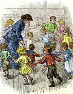 Class Room Gallery: Kindergarten children playing a game, 1870s