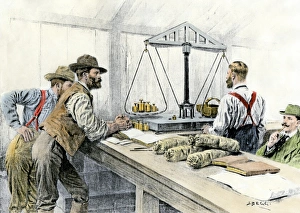 Wealth Prints: Klondike miners weighing their gold in a Dawson City bank