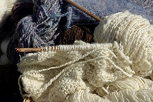 Handicraft Prints: Knitting needles and handspun wool yarn at a Yorktown reenactment
