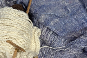 Handicraft Prints: Knitting needles and handspun wool at a Yorktown reenactment