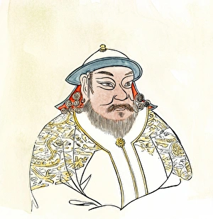 India And Asia Prints: Kublai Khan. Hand-colored 19th-century engraving of a portrait