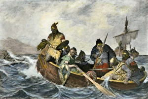 Atlantic Ocean Prints: Leif Erikssen off the coast of Vineland in a Viking landing boat