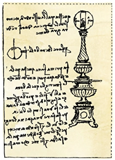 Italy Prints: Leonardo da Vincis backward handwriting on his design for a lamp using a globe