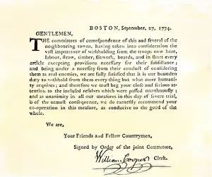 Lumber Prints: Letter from Bostons Committee of Correspondence urging supplies be withheld