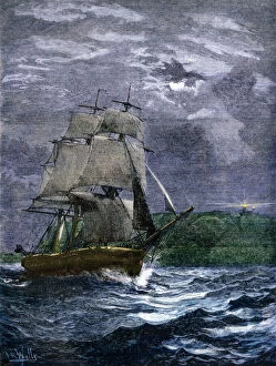 Images Dated 8th December 2011: Lighthouse warning a clipper ship of dangerous shores