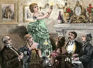 Holidays:celebrations Collection: Lighting the gas lamps for a dinner party, 1800s